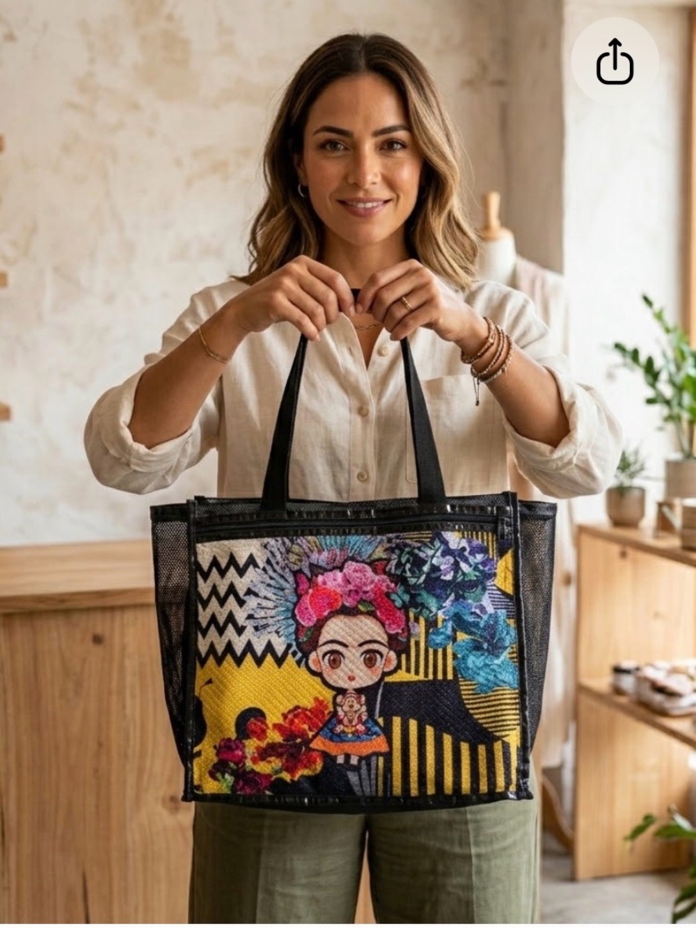 🌸 Super Cute Frida Kahlo Chibi Mesh Tote Bag 🌸